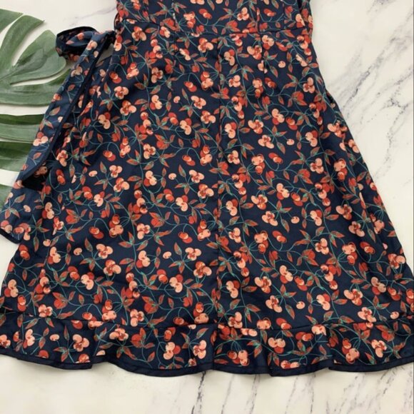 Hi There Karen Walker Wrap Dress Size 4 Blue Red Cherry Print Ruffle Trim Retro - Picture 3 of 4